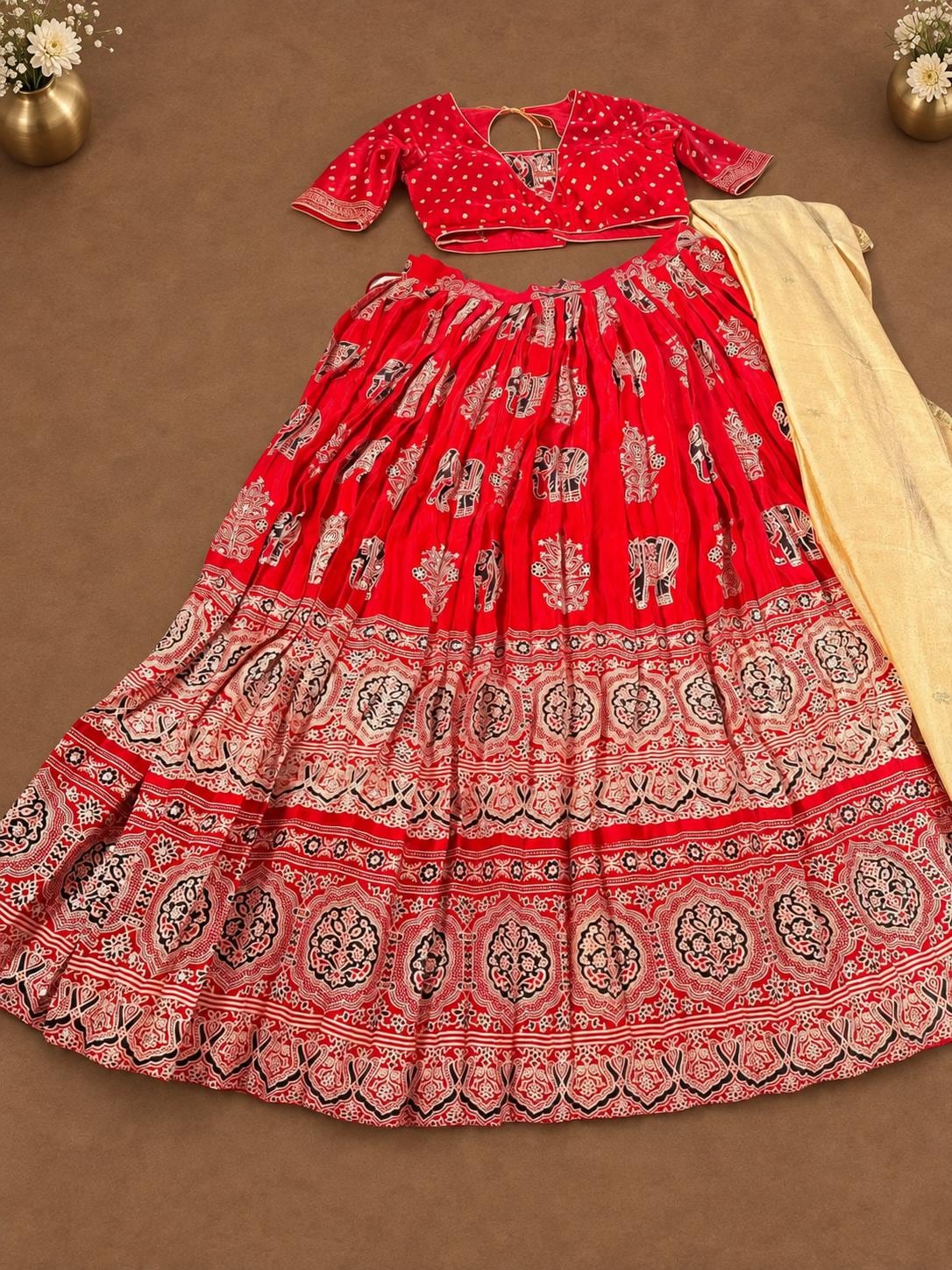 Mirror Work Pure Ajrakh Modal Silk Lehenga with Stitched Blouse Patola Print Designer Ethnic Wedding, Festive & Party Wear | Ships from USA