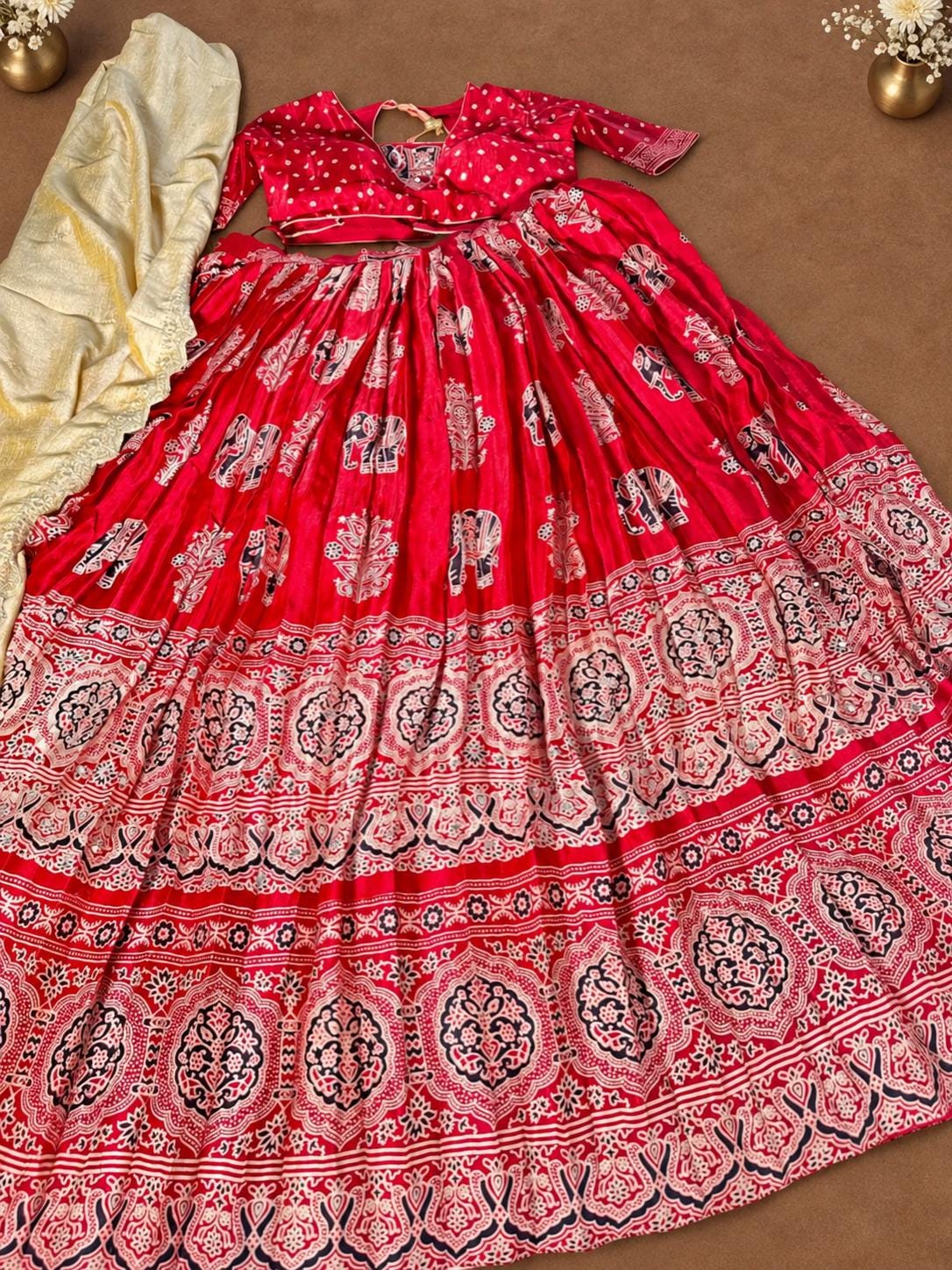 Mirror Work Pure Ajrakh Modal Silk Lehenga with Stitched Blouse Patola Print Designer Ethnic Wedding, Festive & Party Wear | Ships from USA