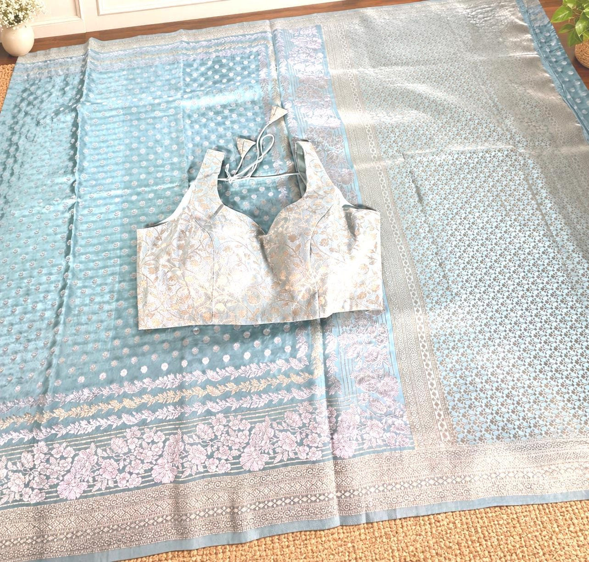 Banarasi Moonga Silk Saree with stitched blouse | Sleeveless Blouse with Sleeves included for stitching | USA shipping