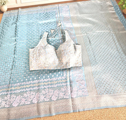 Banarasi Moonga Silk Saree with stitched blouse | Sleeveless Blouse with Sleeves included for stitching | USA shipping