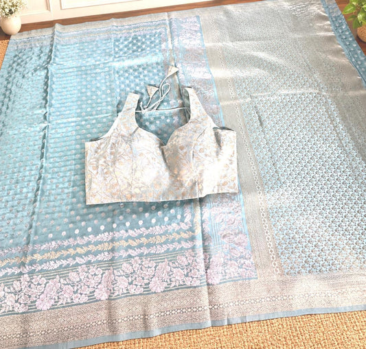 Banarasi Moonga Silk Saree with stitched blouse | Sleeveless Blouse with Sleeves included for stitching | USA shipping
