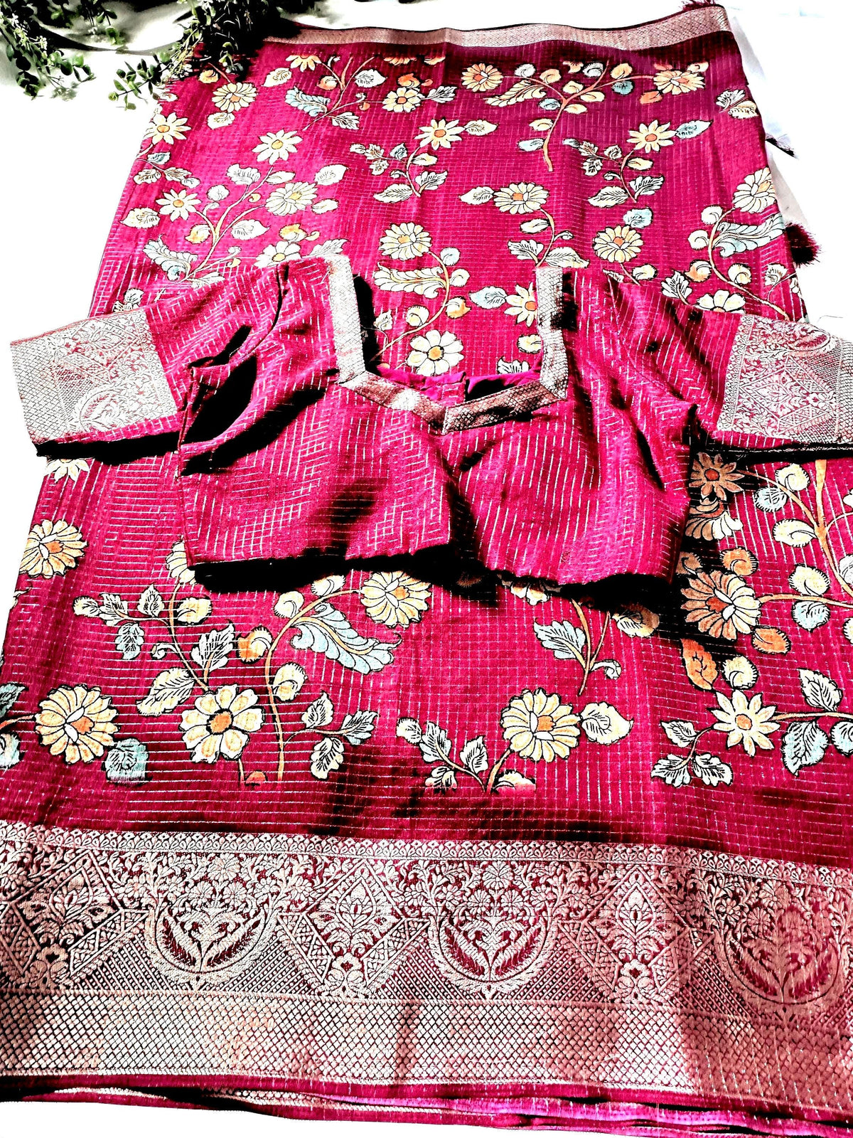 Kalamkari Printed  Semi Tussar  Georgette Silk Saree with Banarsi border | Stitched Blouse | Ready to wear