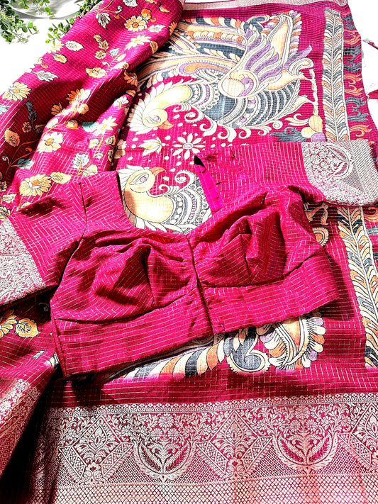 Kalamkari Printed  Semi Tussar  Georgette Silk Saree with Banarsi border | Stitched Blouse | Ready to wear
