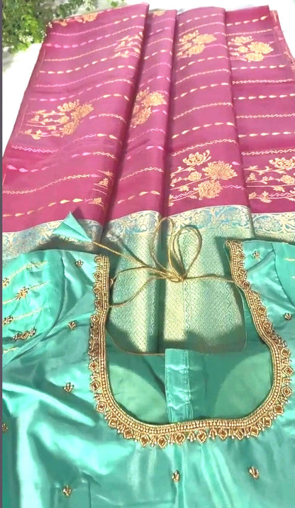 Handloom Kanjivaram Pure Silk Saree with Silk Mark, Stitched Maggam Work Blouse,  Partywear,  Wedding Wear Saree, Shipping from USA