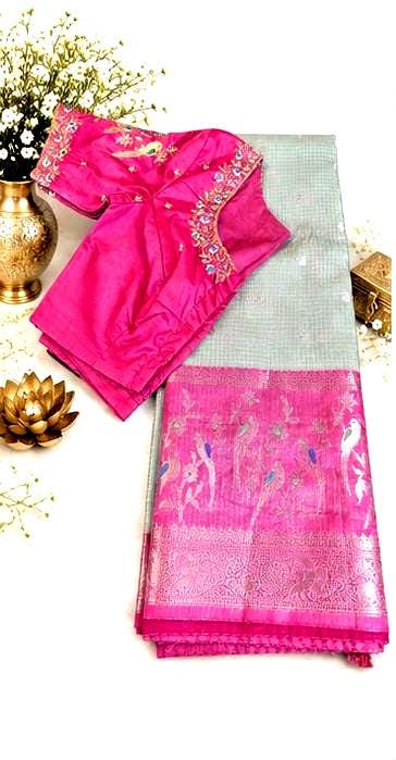 Silky Kota Saree with Maggam Work Stitched Blouse, Indian Wedding Saree | Party Festival Sare Ready to wear