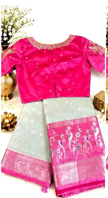 Silky Kota Saree with Maggam Work Stitched Blouse, Indian Wedding Saree | Party Festival Sare Ready to wear