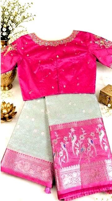 Silky Kota Saree with Maggam Work Stitched Blouse, Indian Wedding Saree | Party Festival Sare Ready to wear