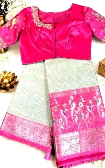 Silky Kota Saree with Maggam Work Stitched Blouse, Indian Wedding Saree | Party Festival Sare Ready to wear