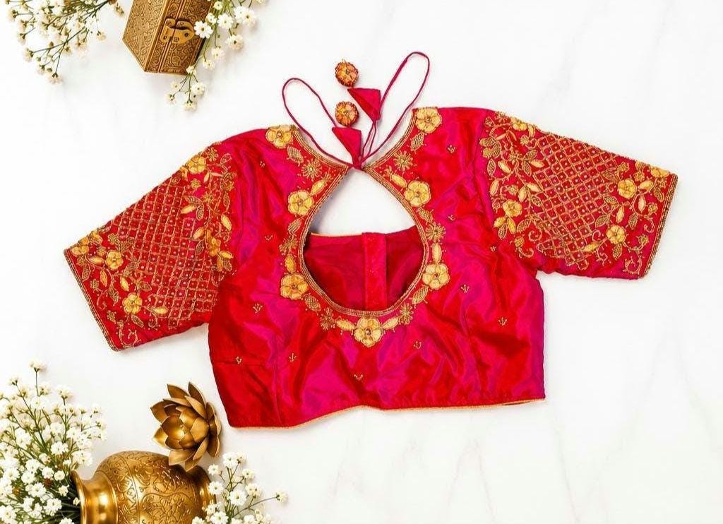 Premium Gadwal Saree with Heavy Maggam Work Blouse Ready-to-wear, Shipping from USA