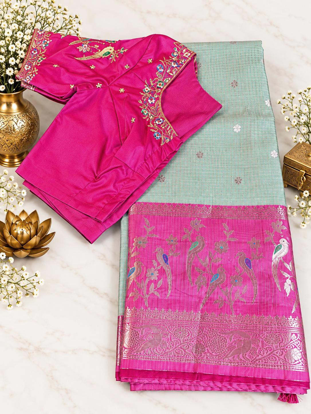 Silky Kota Saree with Maggam Work Stitched Blouse, Indian Wedding Saree | Party Festival Sare Ready to wear