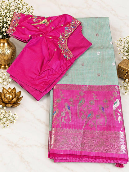 Silky Kota Saree with Maggam Work Stitched Blouse, Indian Wedding Saree | Party Festival Sare Ready to wear