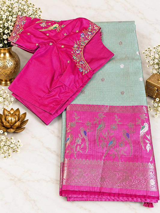 Silky Kota Saree with Maggam Work Stitched Blouse, Indian Wedding Saree | Party Festival Sare Ready to wear