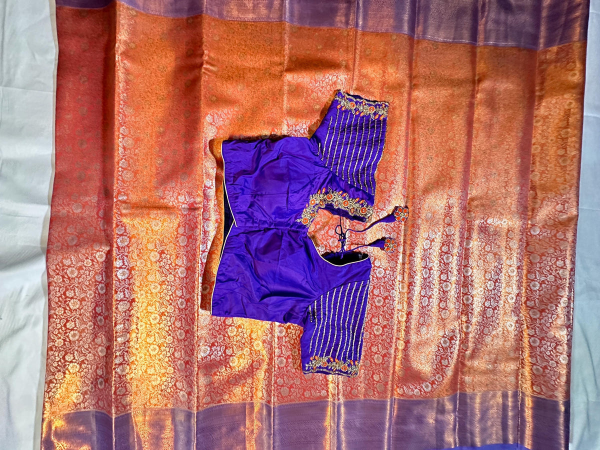 Kanjivaram Tissue Silk Saree with Stitched Maggam Work Blouse | Indian Wedding Saree | Ships From USA