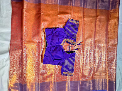 Kanjivaram Tissue Silk Saree with Stitched Maggam Work Blouse | Indian Wedding Saree | Ships From USA