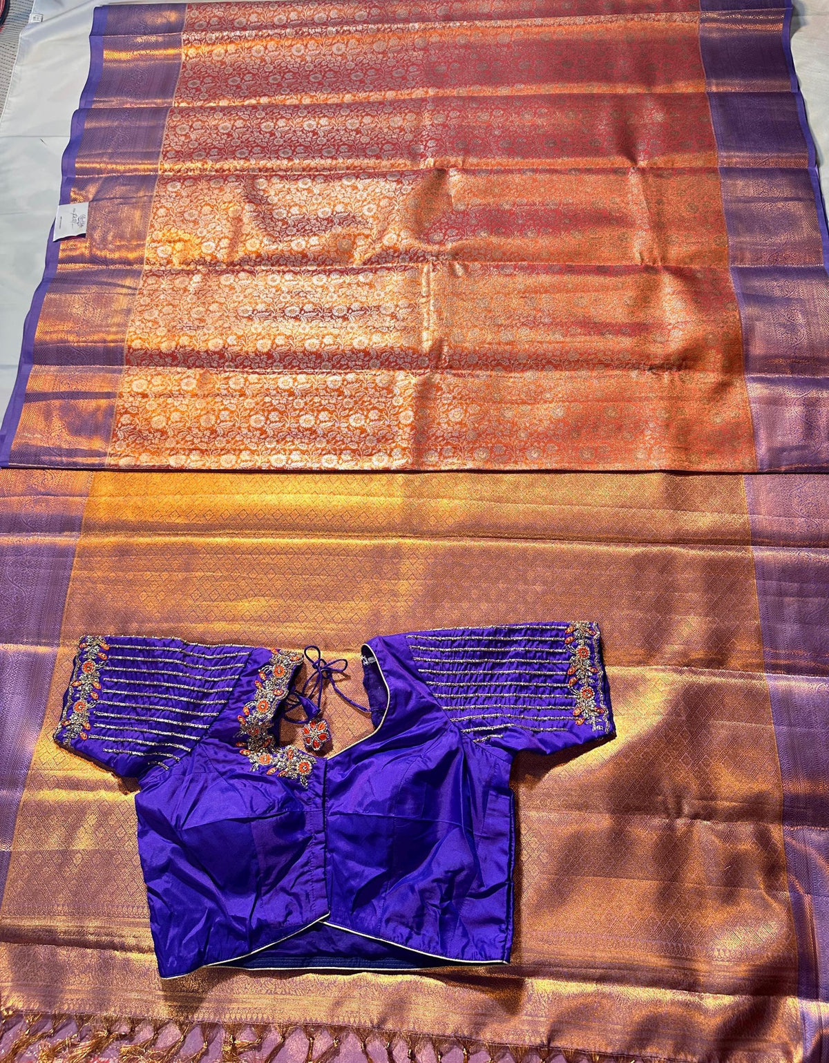 Kanjivaram Tissue Silk Saree with Stitched Maggam Work Blouse | Indian Wedding Saree | Ships From USA