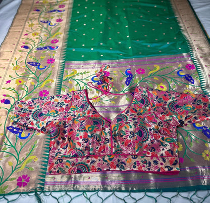 Kanjeevaram Paithani Gift Silk Saree | Full Weaving | Stitched Paithani Blouse | Partywear Saree | Ships from USA