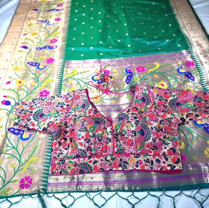 Kanjeevaram Paithani Gift Silk Saree | Full Weaving | Stitched Paithani Blouse | Partywear Saree | Ships from USA