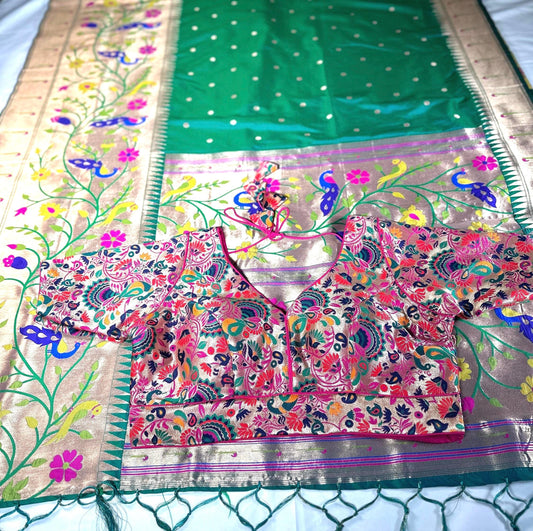 Kanjeevaram Paithani Gift Silk Saree | Full Weaving | Stitched Paithani Blouse | Partywear Saree | Ships from USA