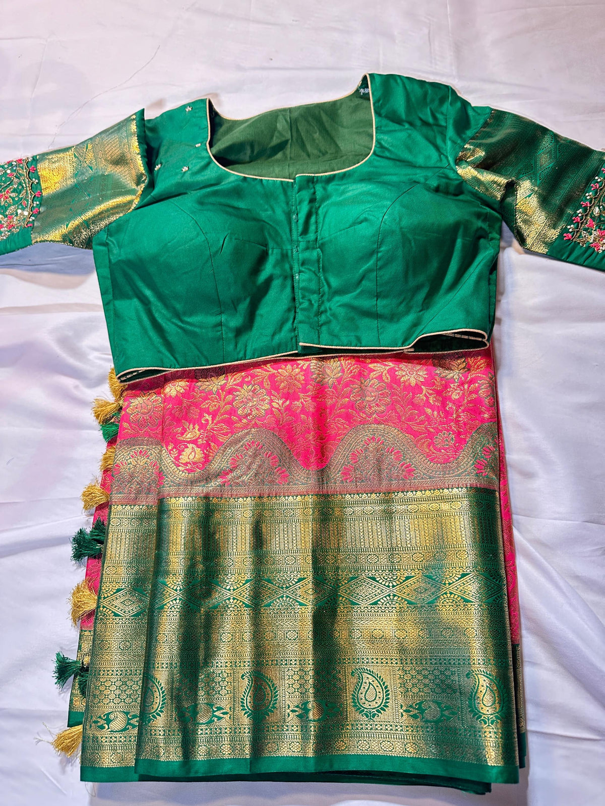 Kanjivaram Premium Kanchi Pattu Brocade  Silk Saree with Stitched Maggam Work Blouse, Wedding Party Wear