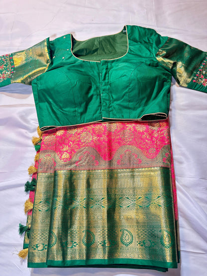 Kanjivaram Premium Kanchi Pattu Brocade  Silk Saree with Stitched Maggam Work Blouse, Wedding Party Wear
