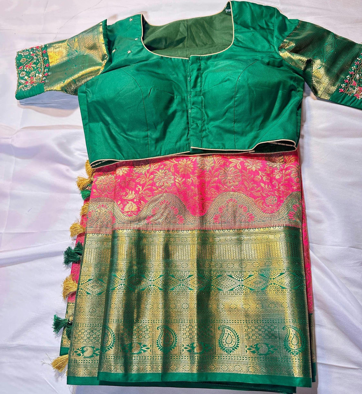 Kanjivaram Premium Kanchi Pattu Brocade  Silk Saree with Stitched Maggam Work Blouse, Wedding Party Wear
