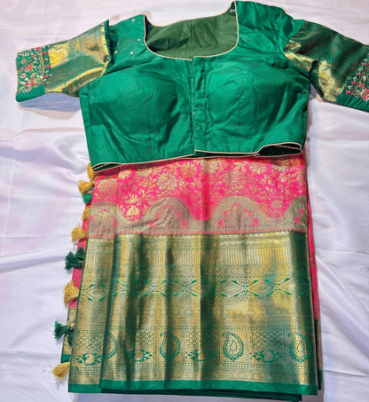 Kanjivaram Premium Kanchi Pattu Brocade  Silk Saree with Stitched Maggam Work Blouse, Wedding Party Wear