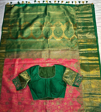 Kanjivaram Premium Kanchi Pattu Brocade  Silk Saree with Stitched Maggam Work Blouse, Wedding Party Wear