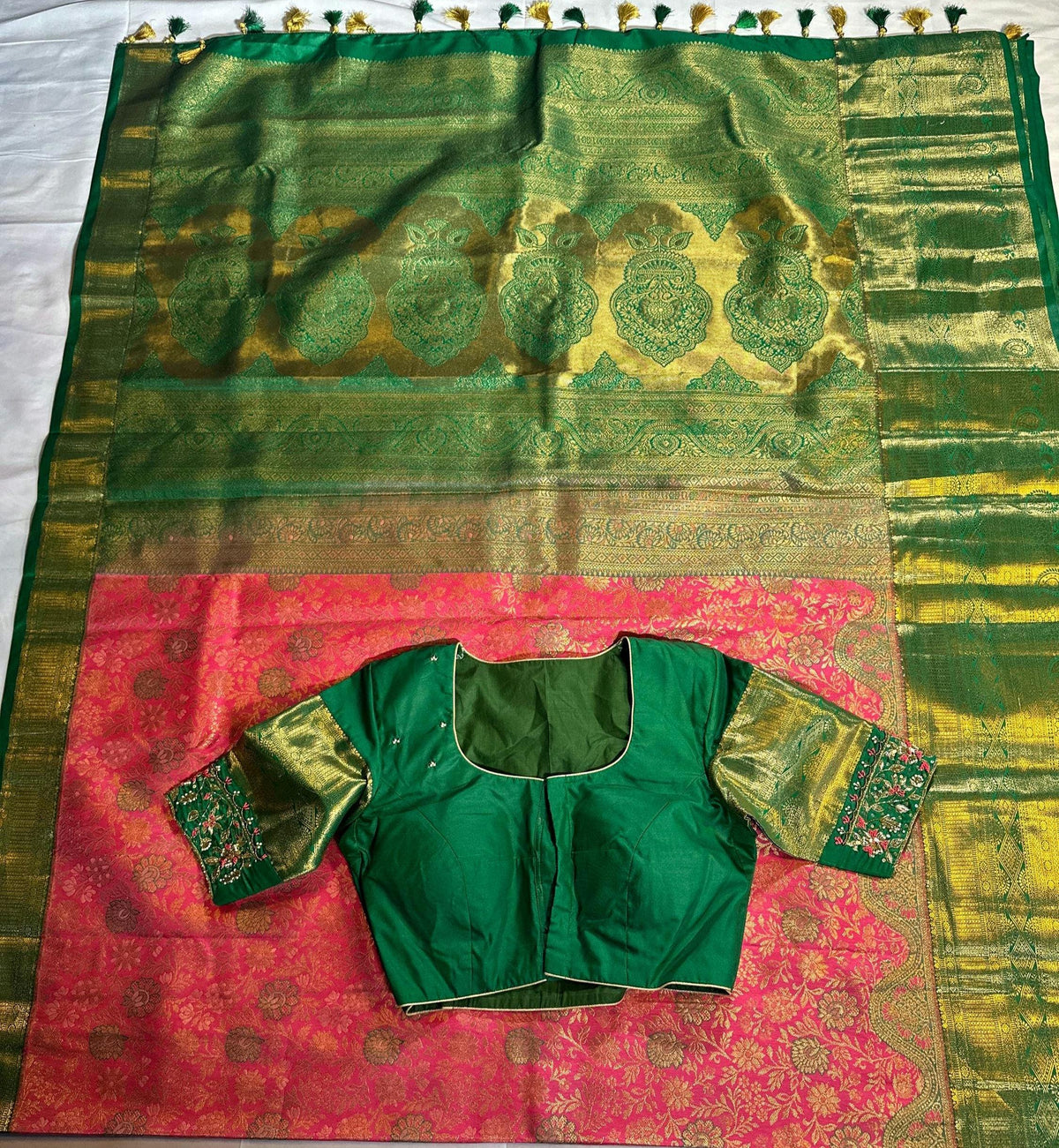 Kanjivaram Premium Kanchi Pattu Brocade  Silk Saree with Stitched Maggam Work Blouse, Wedding Party Wear