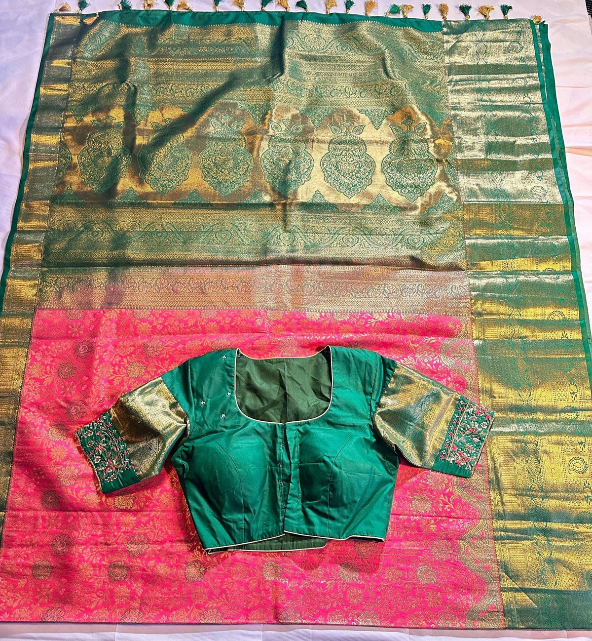 Kanjivaram Premium Kanchi Pattu Brocade  Silk Saree with Stitched Maggam Work Blouse, Wedding Party Wear