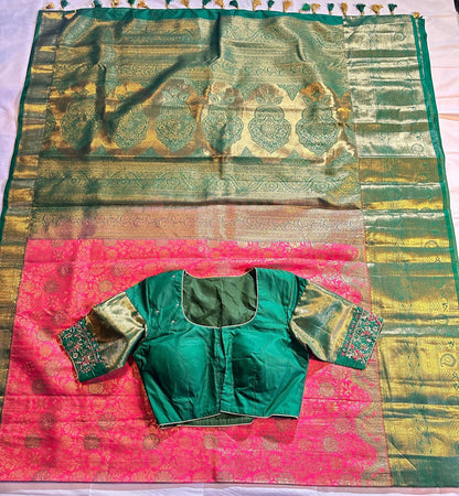 Kanjivaram Premium Kanchi Pattu Brocade  Silk Saree with Stitched Maggam Work Blouse, Wedding Party Wear