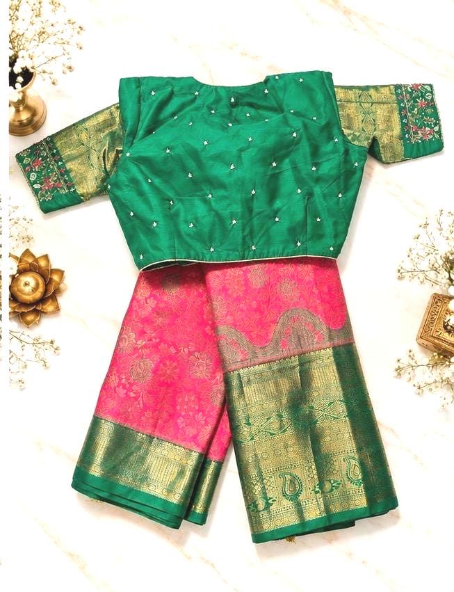 Kanjivaram Premium Kanchi Pattu Brocade  Silk Saree with Stitched Maggam Work Blouse, Wedding Party Wear