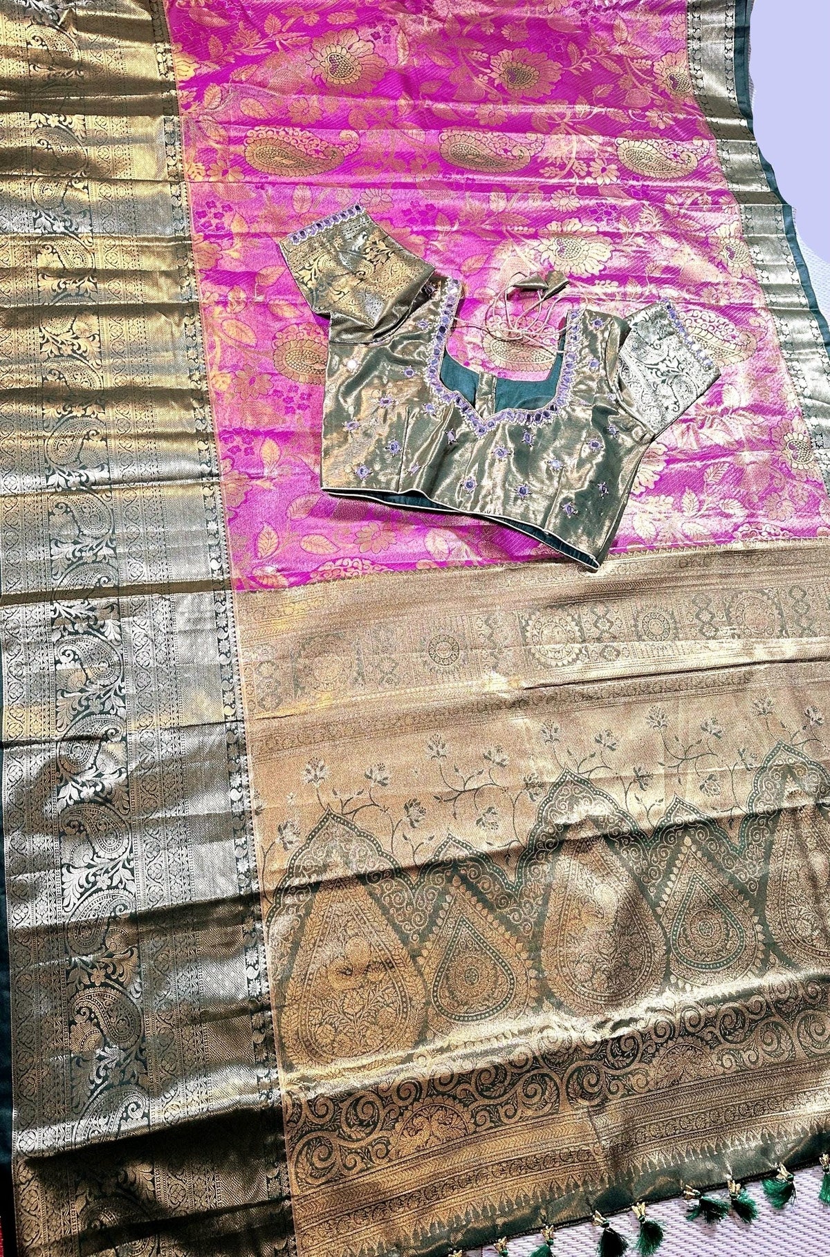Kanchi Pattu Premium Silk Saree with Stitched Maggam Work. Ready to wear. Shipping from USA