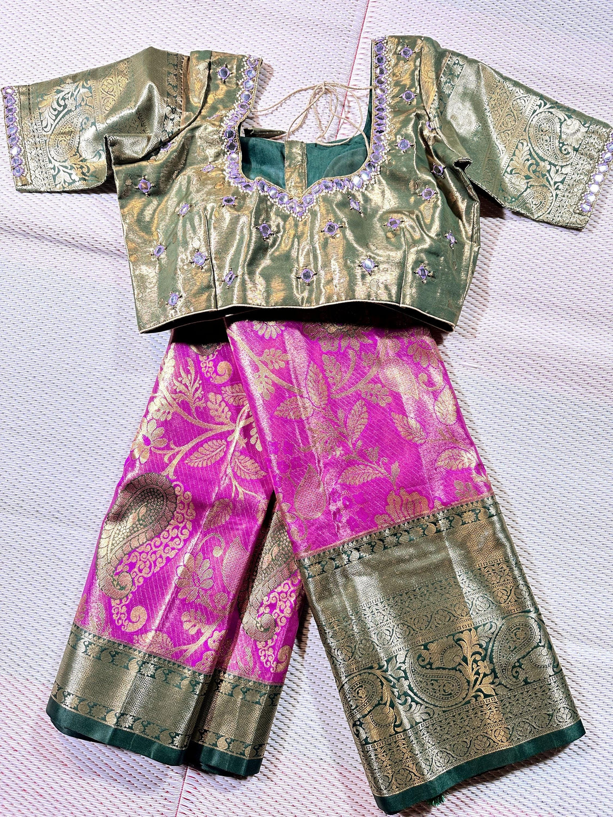 Kanchi Pattu Premium Silk Saree with Stitched Maggam Work. Ready to wear. Shipping from USA