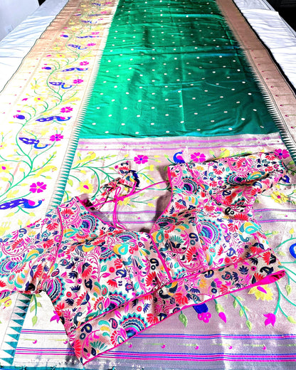 Kanjeevaram Paithani Gift Silk Saree | Full Weaving | Stitched Paithani Blouse | Partywear Saree | Ships from USA