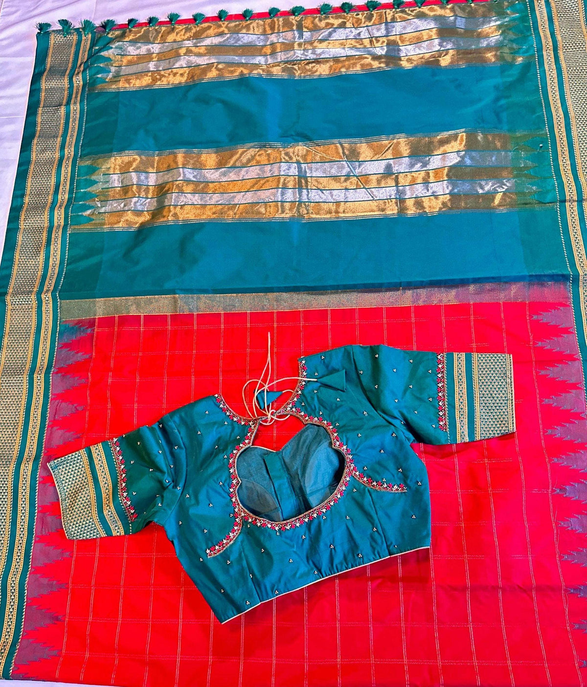 Semi Narayanpet Silk Saree with Stitched Maggam  Blouse, Traditional Indian Saree, Wedding Party Wear, Ready to Wear Blouse, Ships from USA