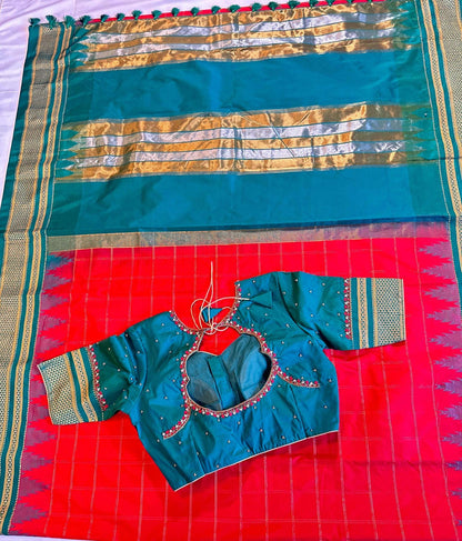 Semi Narayanpet Silk Saree with Stitched Maggam  Blouse, Traditional Indian Saree, Wedding Party Wear, Ready to Wear Blouse, Ships from USA
