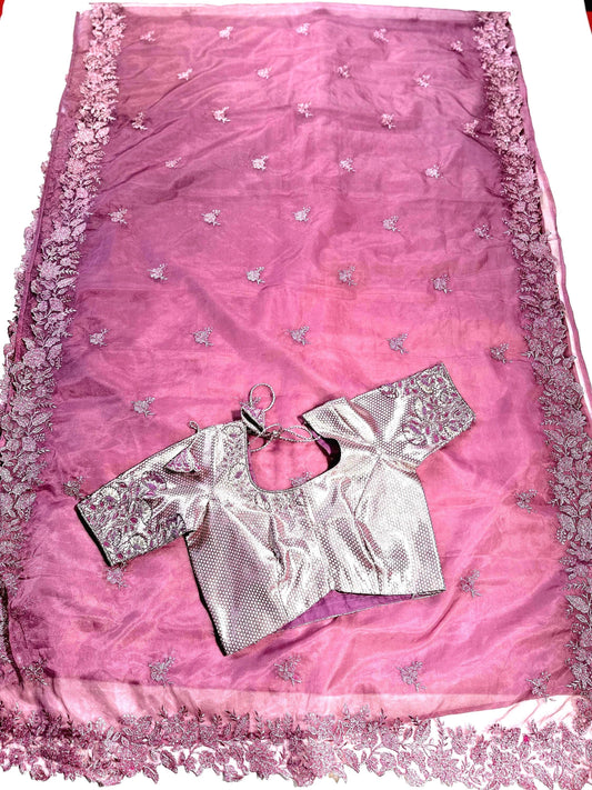 Organza Gift Saree with Running Blouse & Extra Maggam Work Stitched Blouse | Wedding Party Saree | Ships from USA