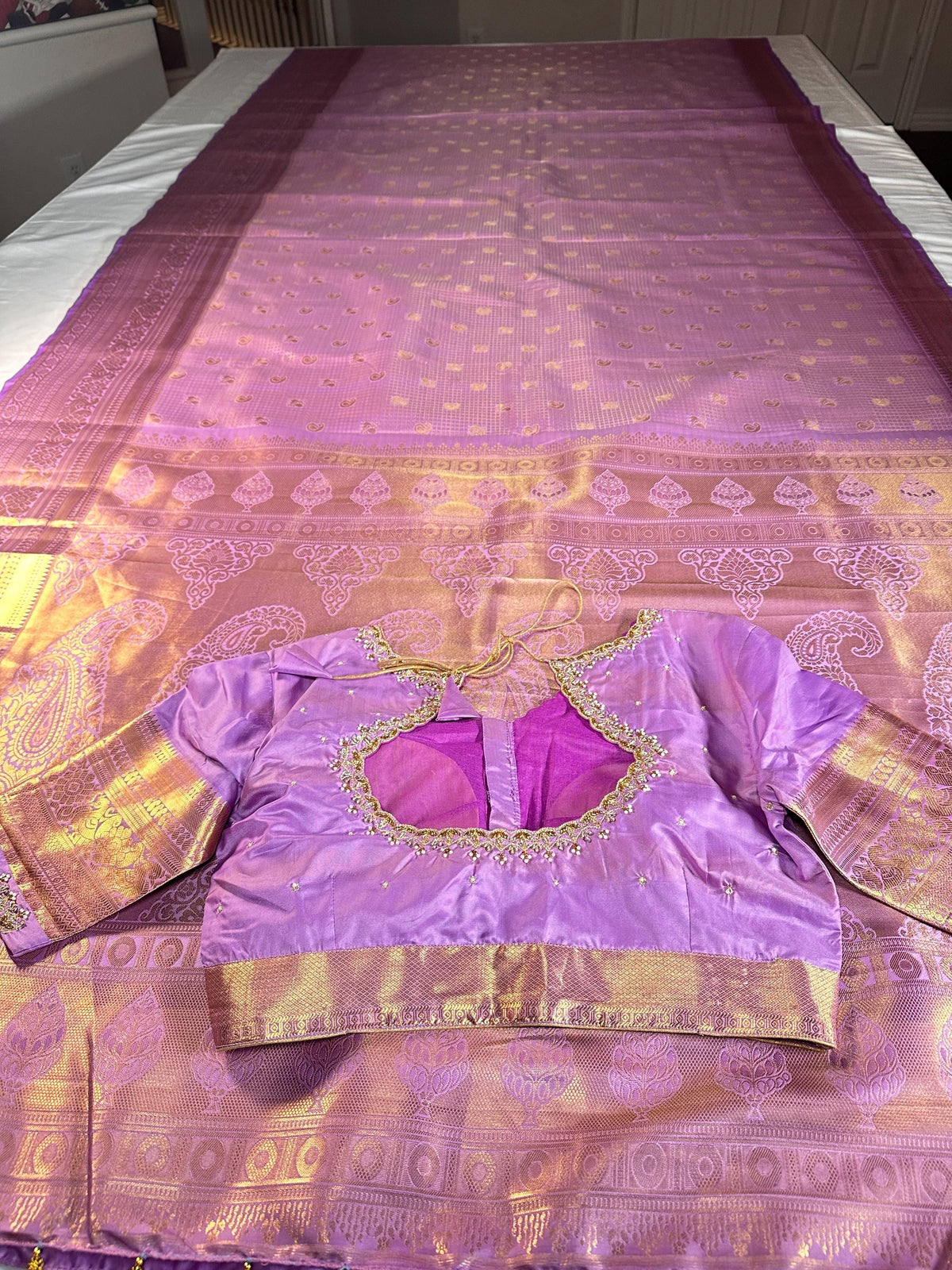 Premium Kanjivaram Silk Saree  | Maggam Work Blouse | Stitched Blouse | Wedding & Party Saree | Ships from USA Ready to wear