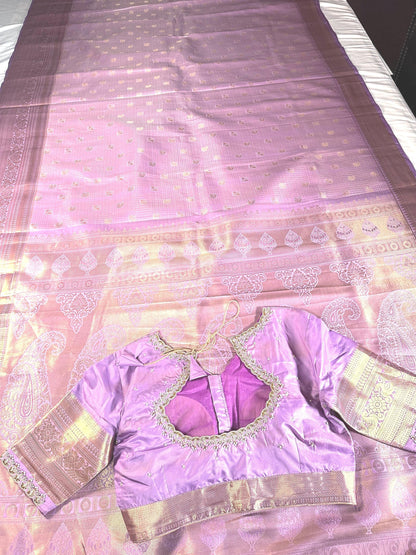 Premium Kanjivaram Silk Saree  | Maggam Work Blouse | Stitched Blouse | Wedding & Party Saree | Ships from USA Ready to wear
