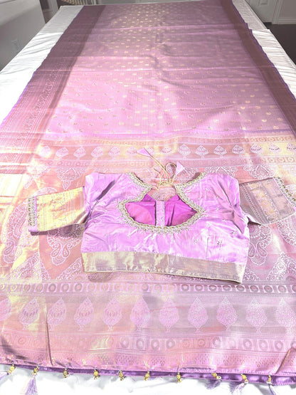 Premium Kanjivaram Silk Saree  | Maggam Work Blouse | Stitched Blouse | Wedding & Party Saree | Ships from USA Ready to wear