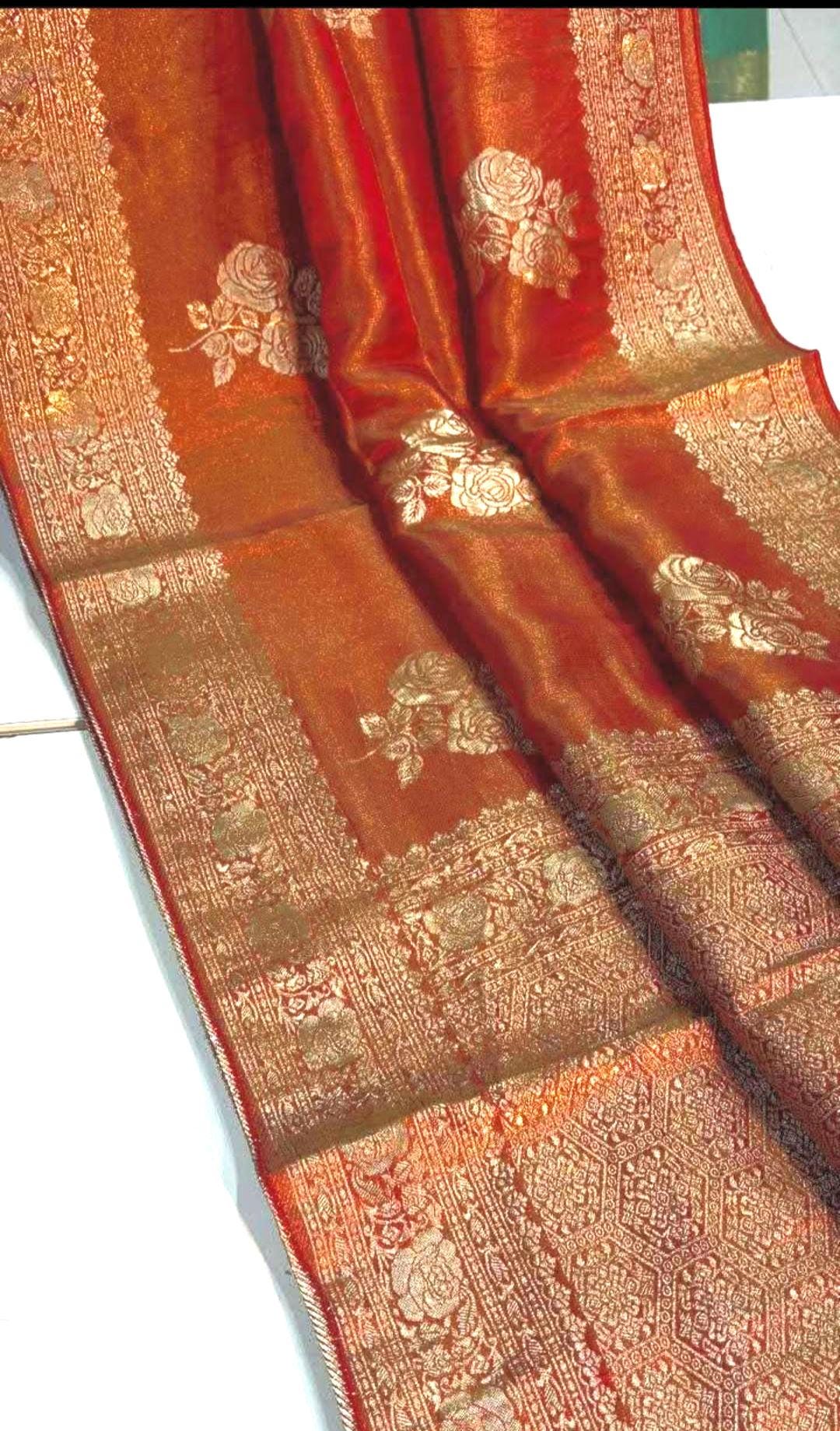 Banarasi Tissue Crape Silk Saree for Party Wear – Rich Zari Border & Stitched Blouse in Orange Shade (USA Delivery) Ready to Wear