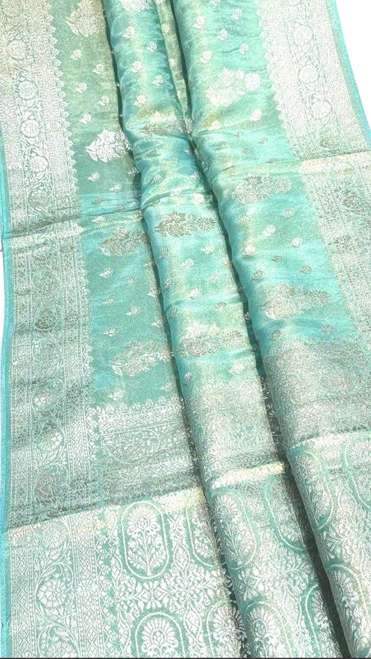 Banarasi Tissue Crape Silk Saree  with Stitched Blouse | Party Wear  Silk Saree with Blouse  | Stitched Blouse | Rich Zari Border