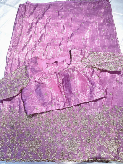 Crushed Organza Pure Silk Embroidered Saree | Stitched Blouse | Embroidered | Party wear Saree