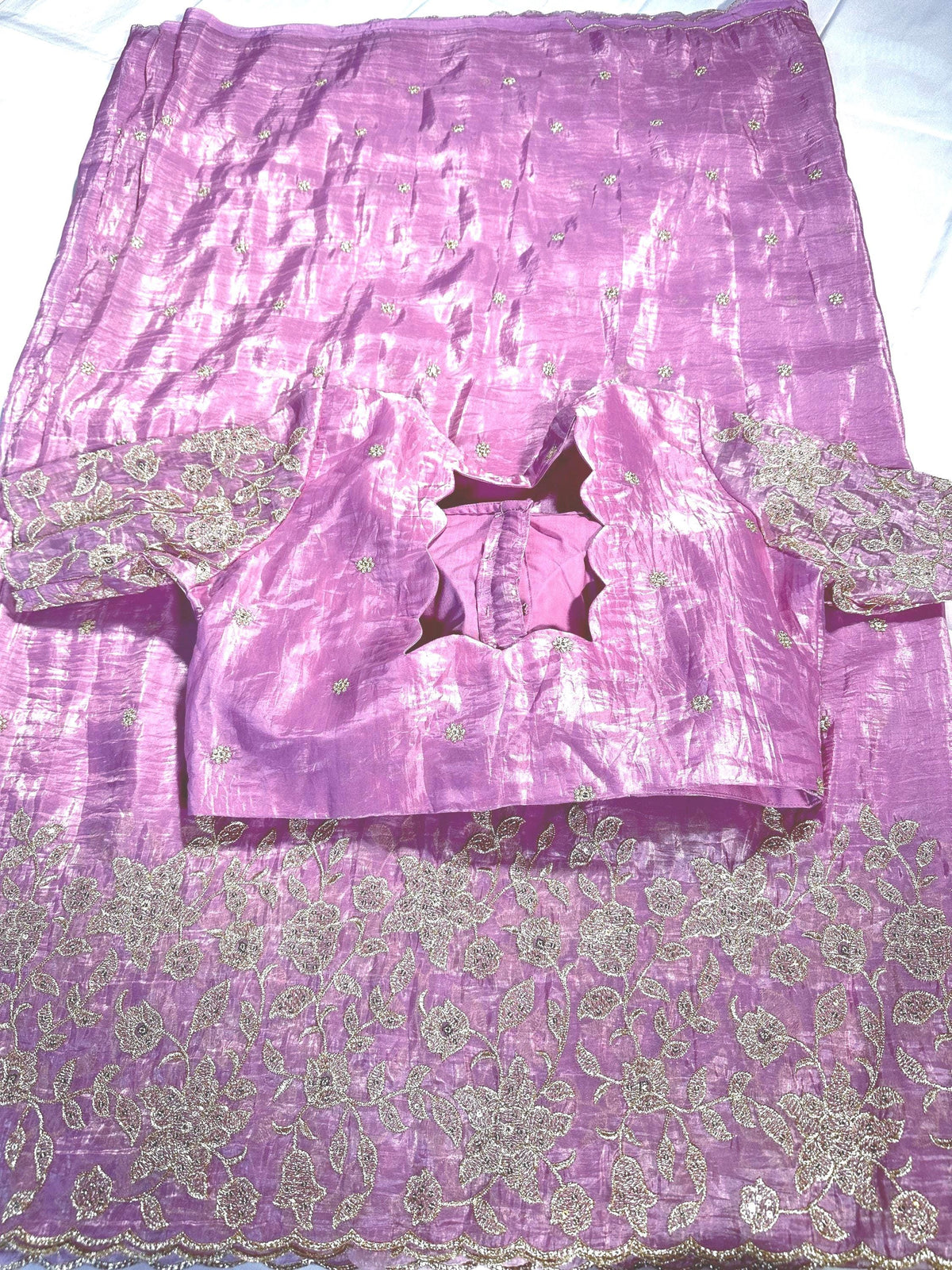 Crushed Organza Pure Silk Embroidered Saree | Stitched Blouse | Embroidered | Party wear Saree