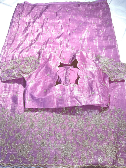Crushed Organza Pure Silk Embroidered Saree | Stitched Blouse | Embroidered | Party wear Saree
