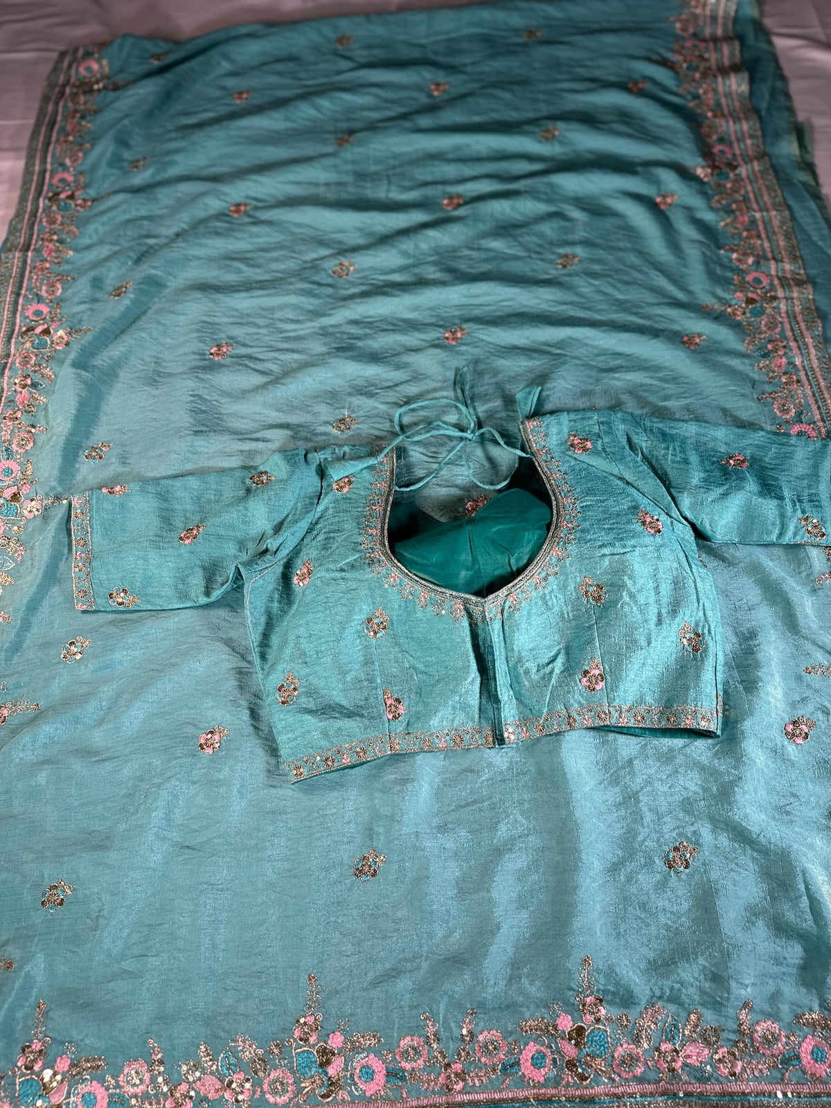 Soft Chinon Saree, Aqua Blue Sequins Embroidery, Designer Party Wear Blouse Piece| Party Wear Saree  | Stitched Blouse Ready to wear