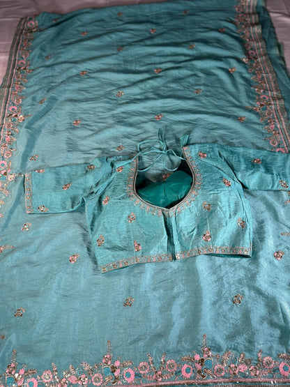 Soft Chinon Saree, Aqua Blue Sequins Embroidery, Designer Party Wear Blouse Piece| Party Wear Saree  | Stitched Blouse Ready to wear