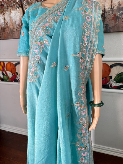 Soft Chinon Saree, Aqua Blue Sequins Embroidery, Designer Party Wear Blouse Piece| Party Wear Saree  | Stitched Blouse Ready to wear