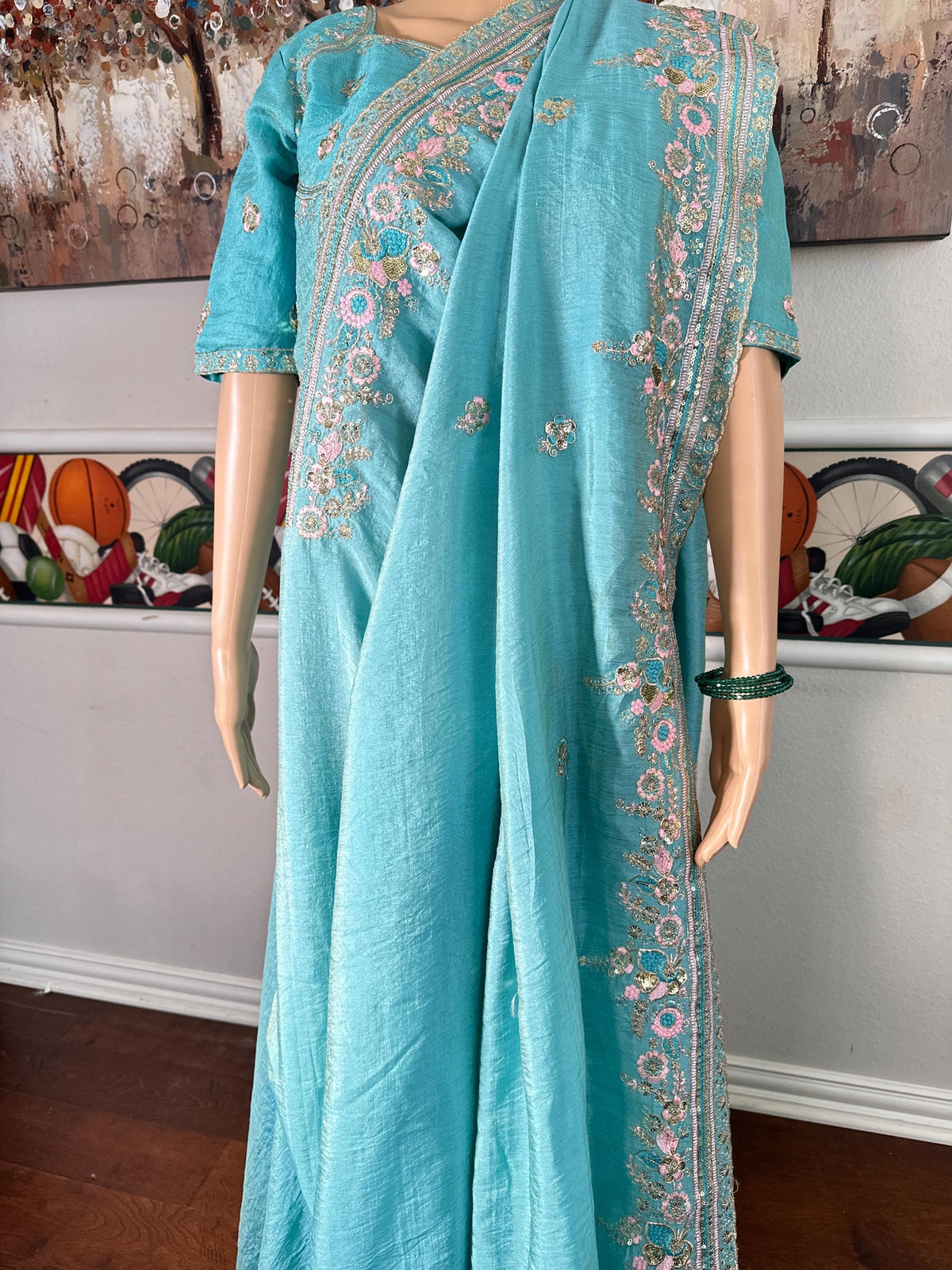 Soft Chinon Saree, Aqua Blue Sequins Embroidery, Designer Party Wear Blouse Piece| Party Wear Saree  | Stitched Blouse Ready to wear