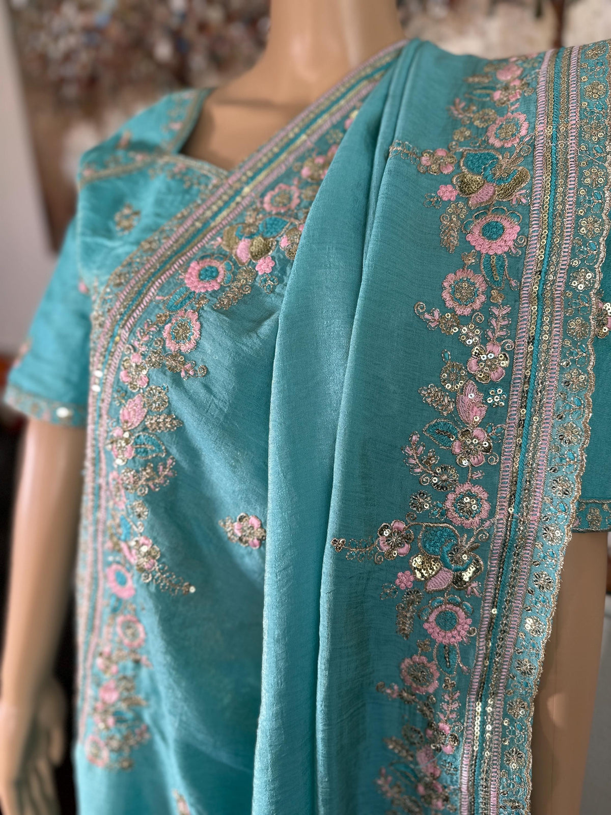 Soft Chinon Saree, Aqua Blue Sequins Embroidery, Designer Party Wear Blouse Piece| Party Wear Saree  | Stitched Blouse Ready to wear